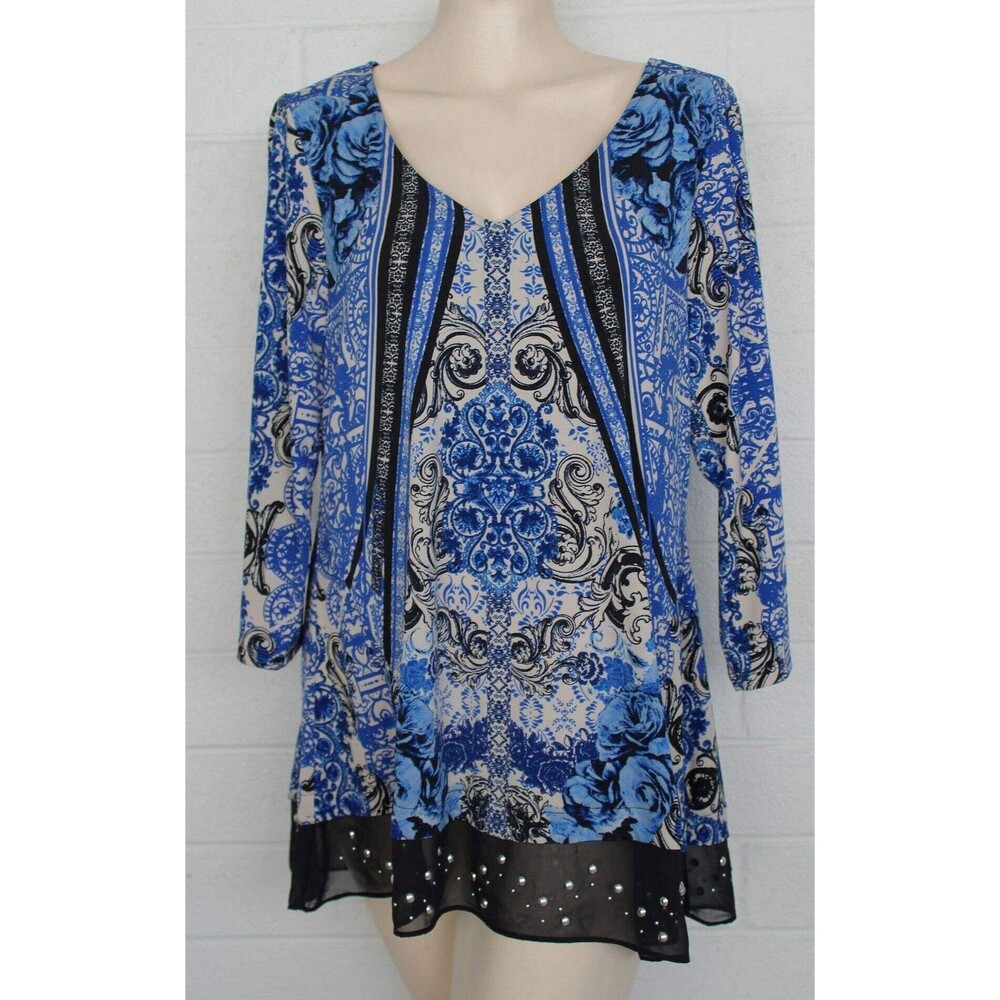Style & Co Large Blue White Scarf Print Boho Chic Studded Tunic Top